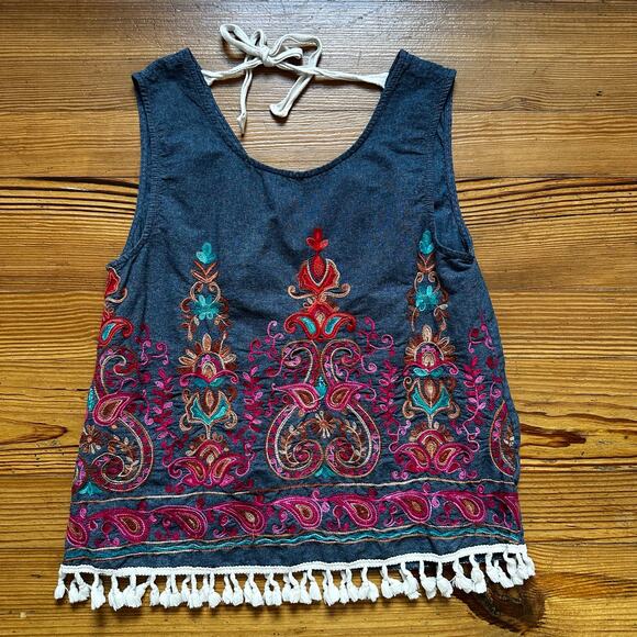 entro Tops - Entro blue denim pink embroidered tassel tank top SIZE M